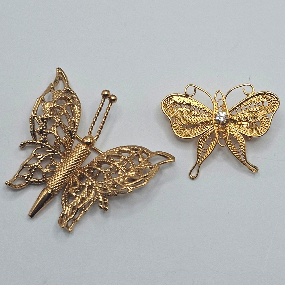 Monet Butterfly Brooch Pins Set 2 Gold Tone Filigree Rhinestone Vintage Jewelry